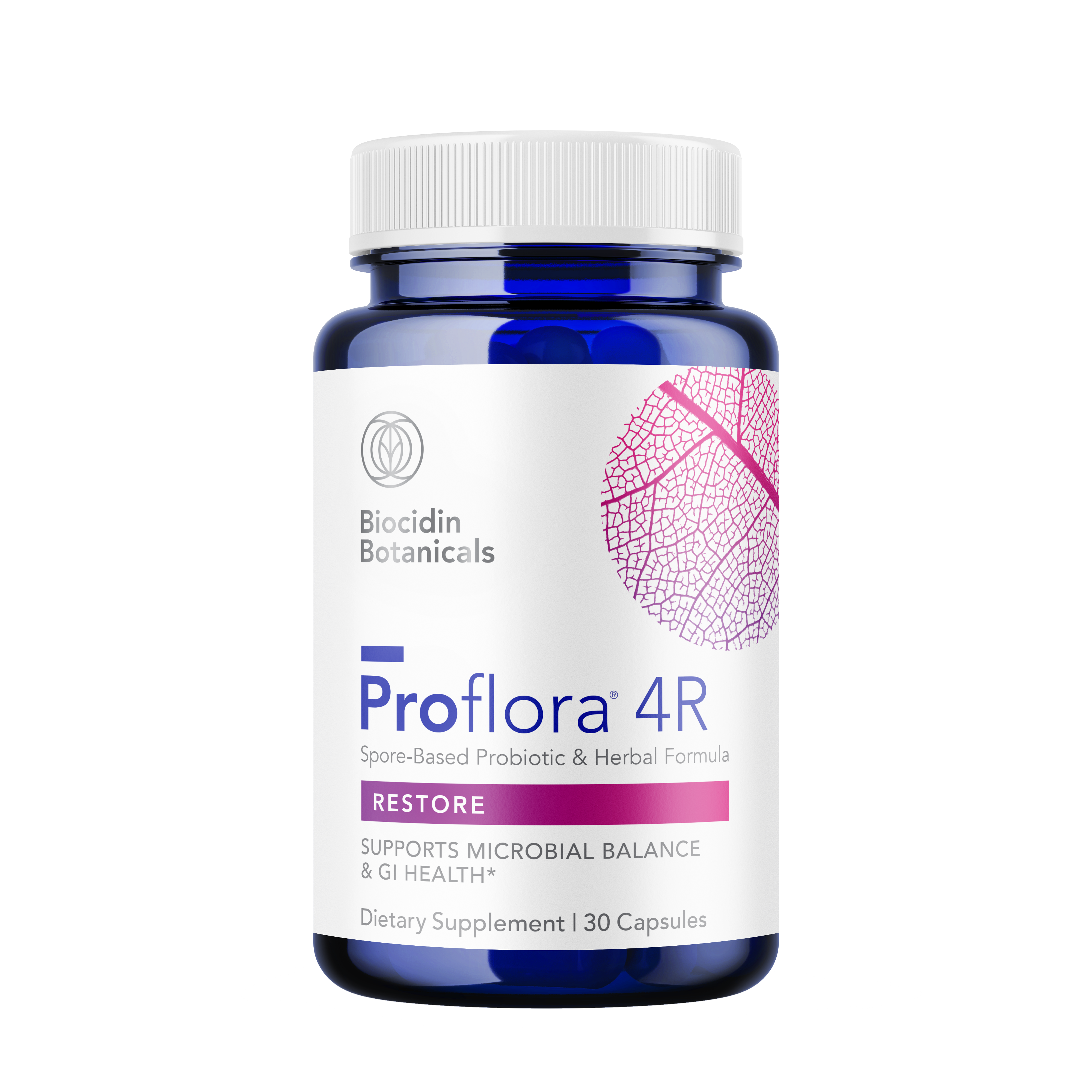 Proflora® 4R by Biocidin Botanicals — spore-based probiotic and herbal GI support supplement in a blue bottle designed to promote microbial balance and gut health.