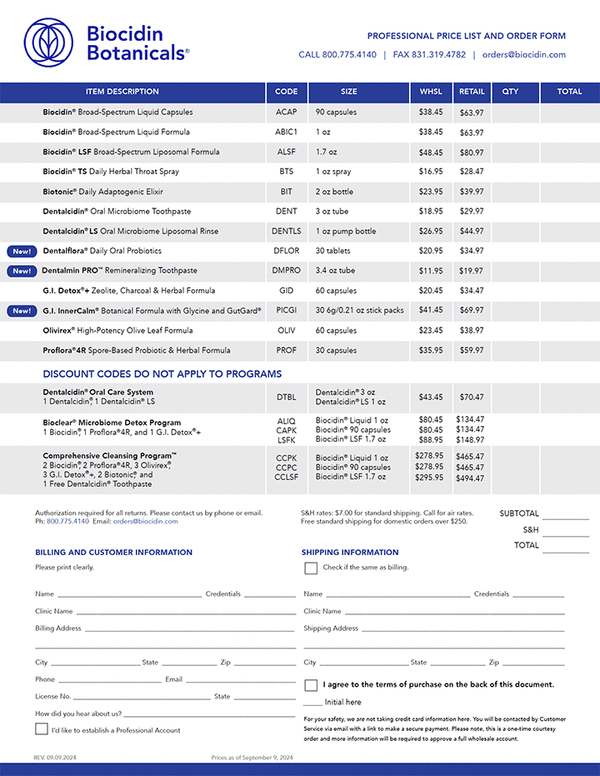 Professional Price List and Order Form