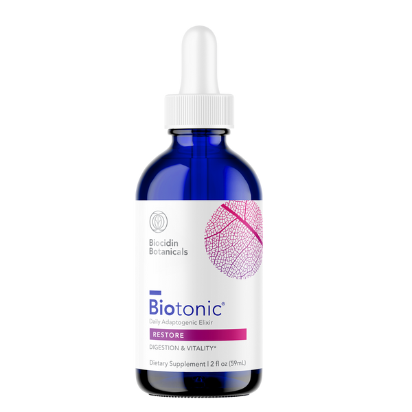 Biotonic® by Biocidin Botanicals — daily adaptogenic elixir in a blue dropper bottle formulated to support digestion, vitality, and overall wellness.